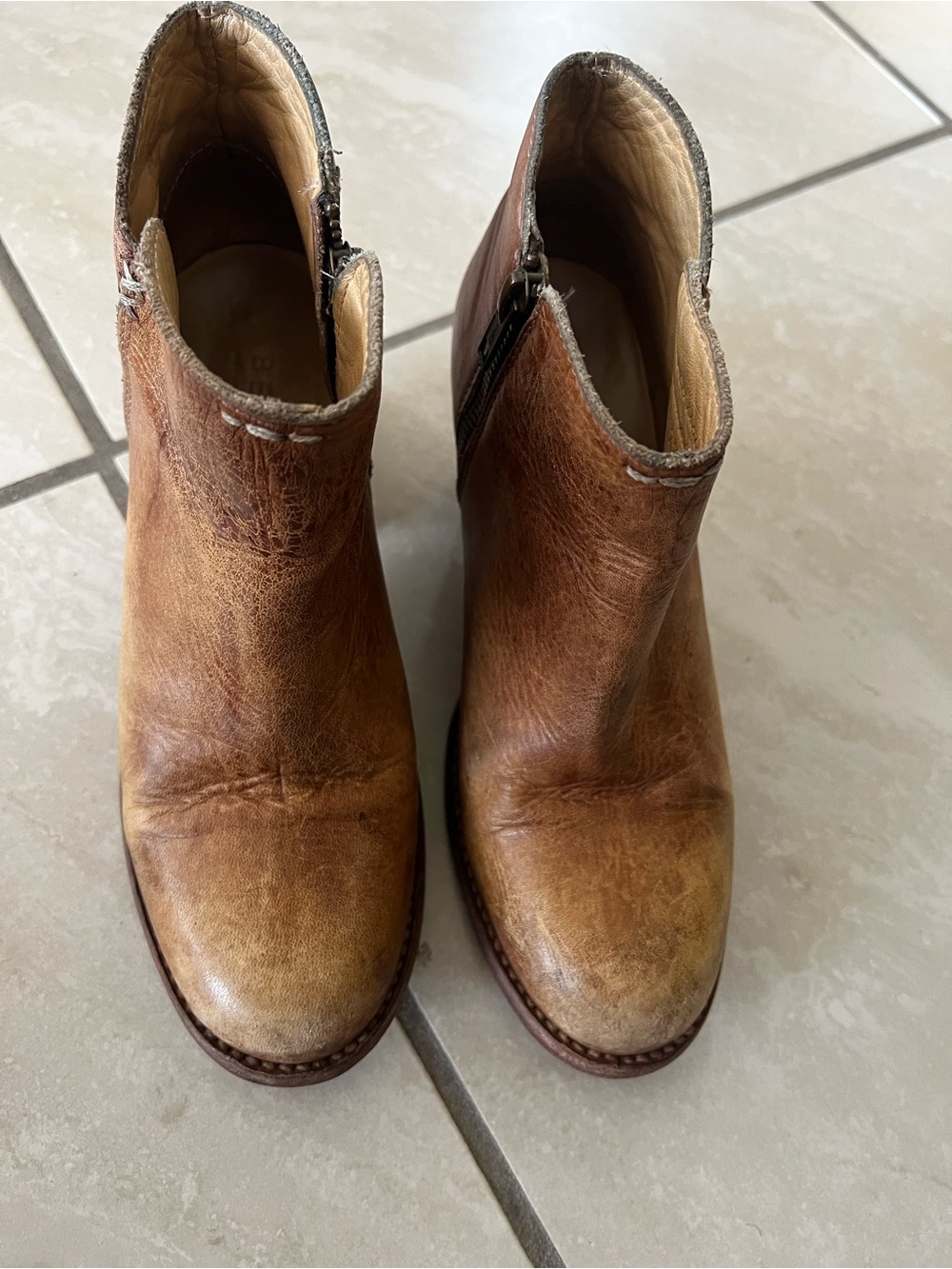 Bed Stu Distressed Two-Tone Brown Leather Ankle Booties - Picture 2 of 7